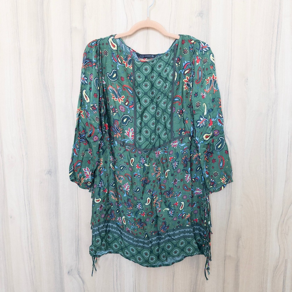 Zara Womens Paisley Fringe Tunic Top Small Green Floral 3/4‎ Sleeve Boho Hippie
